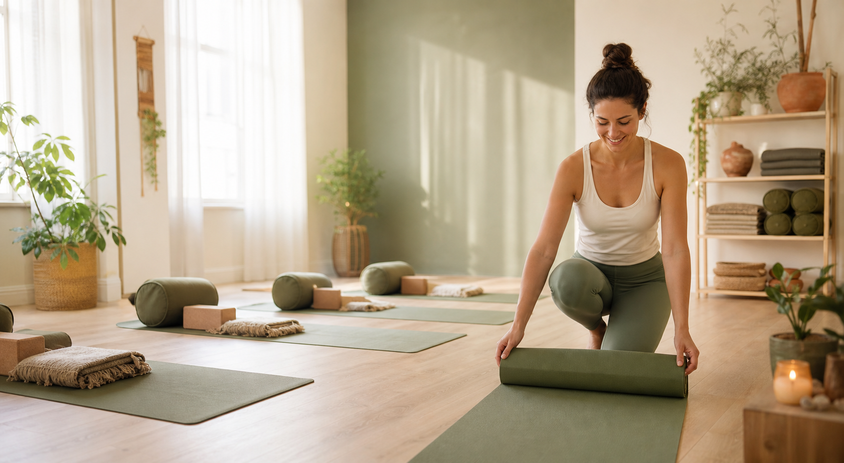 Instructora preparando mats en un estudio de yoga luminoso